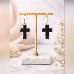 Chunky Southwestern Black Howlite Cross Silver Tone Earrings | Faith collection